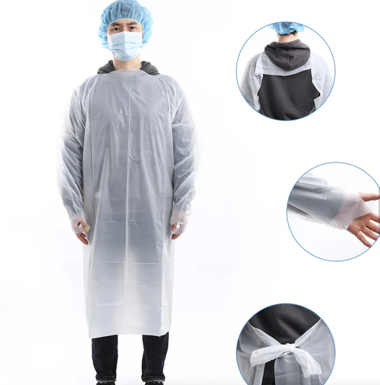 CE Certified CPE Gowns with Tie Back Closure, 125*190cm & 140*205cm Size