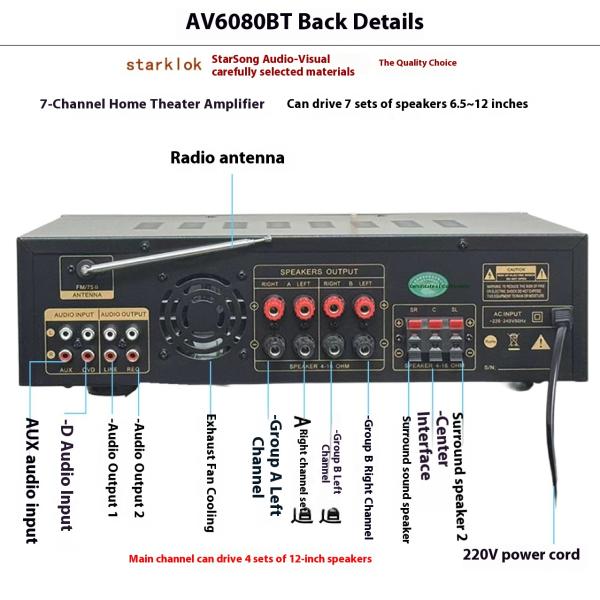AV-6080BT 1000W 7-Channel Fixed Impedance Amplifier Home Car Metal Receivers USB Flash SD Card BT Wireless Player Global