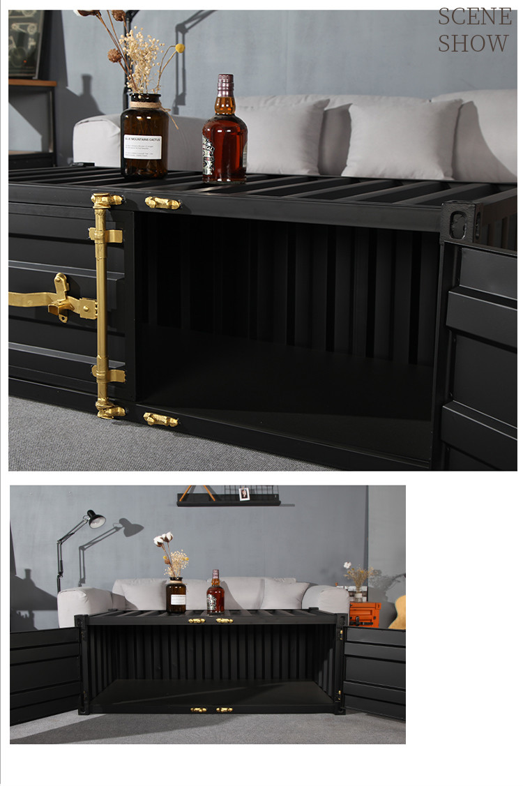 Black Iron Metal Shipping Container Coffee Table With Golden Handle