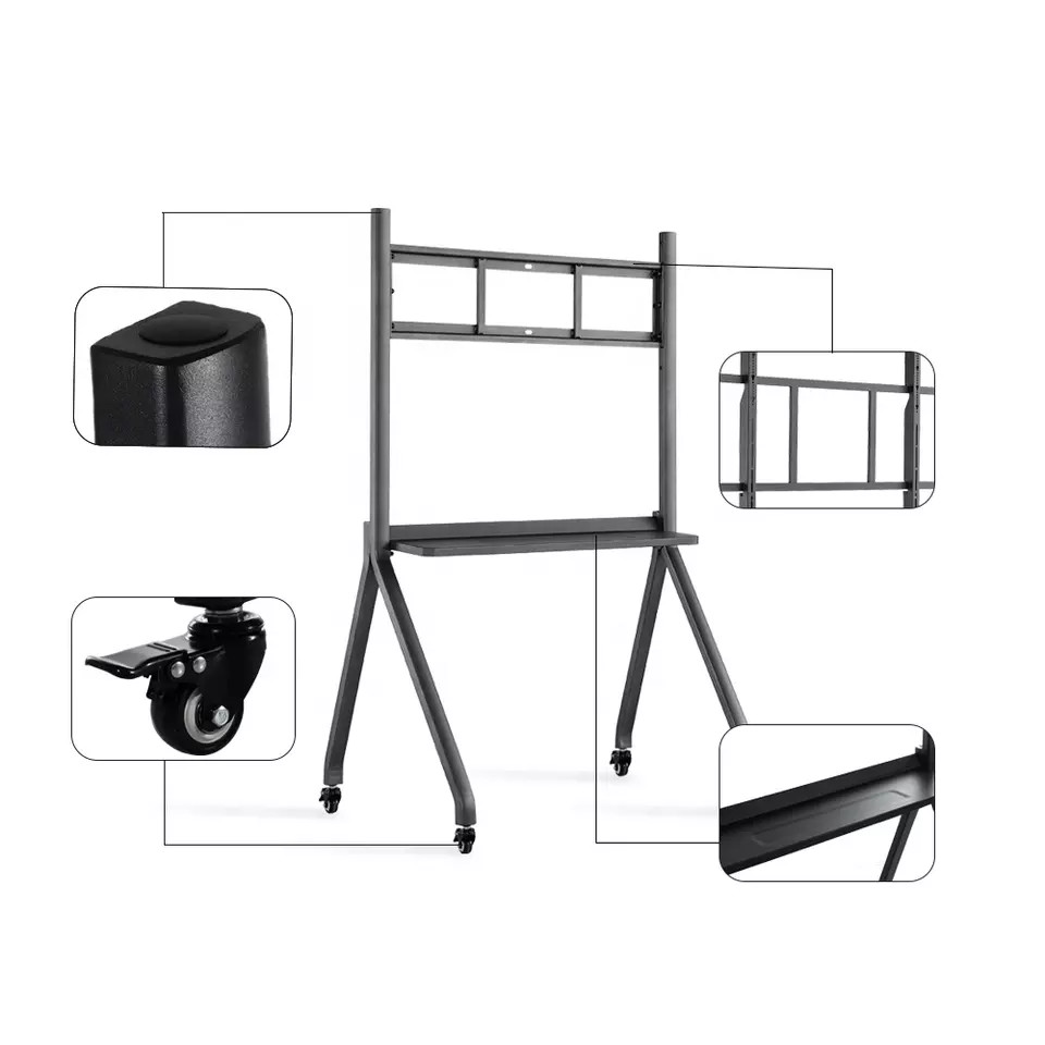 Mobile TV Rolling Floor Stand Lockable Wheels Trolley 55-86 Inch Interactive Whiteboard