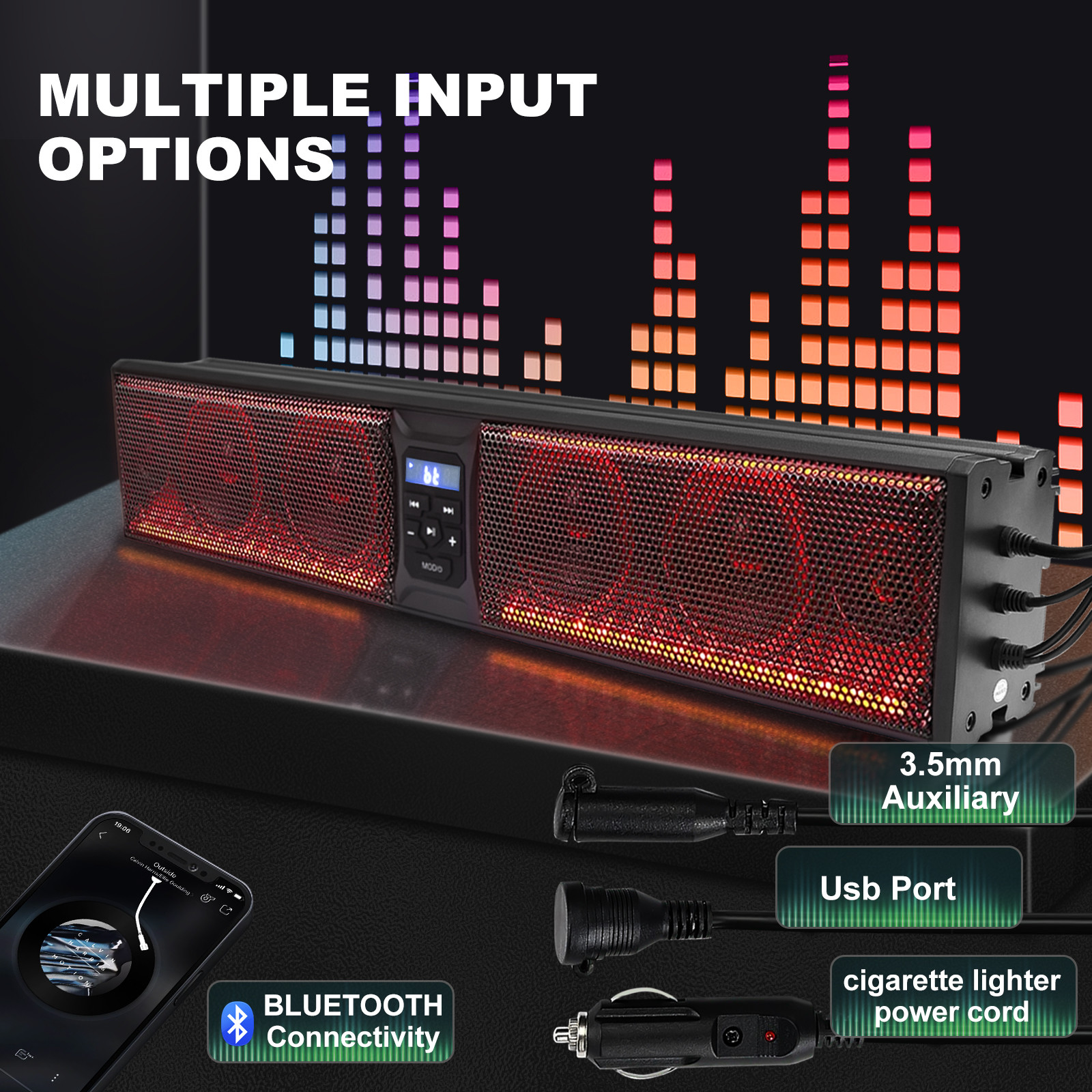 Sound Bar 26" Golf Cart Bluetooth Speaker Multicolor Illumination For ATV/UTV