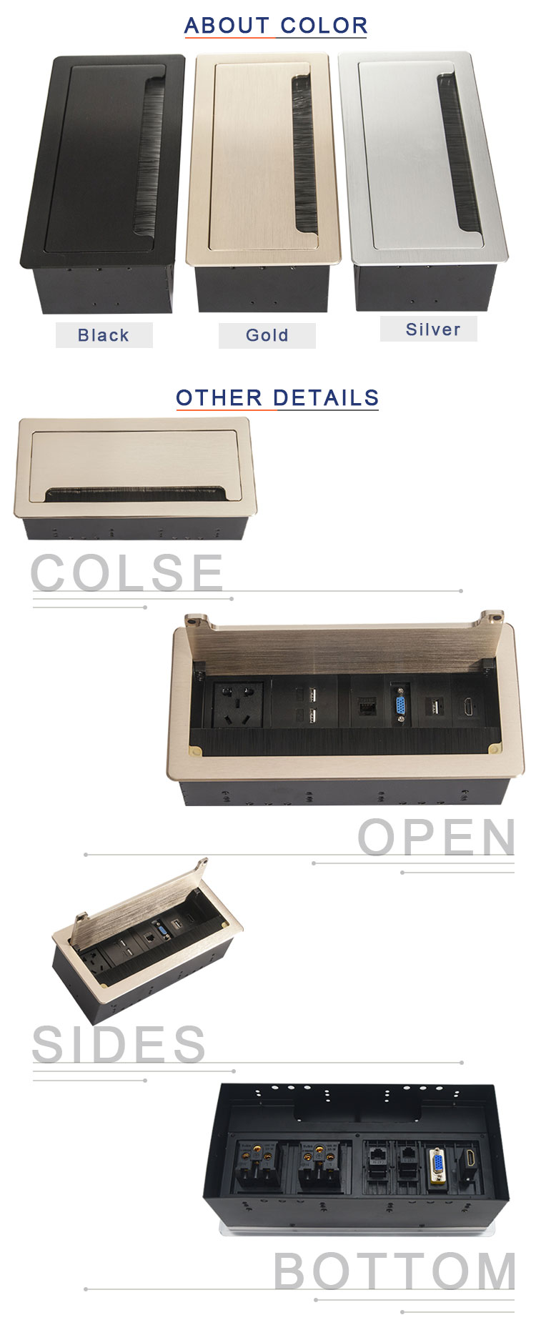 Conference table flip open brush socket with power data connectors