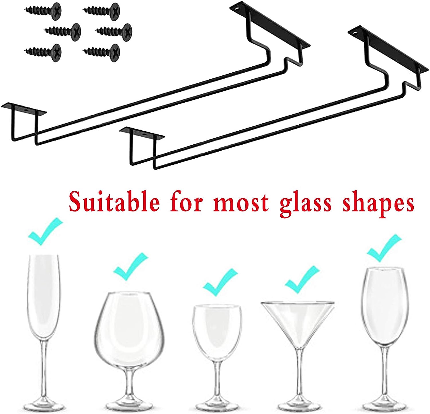 Living Room Stemware Rack 15.8-Inch Long Single Rail Metal Wine Glass Storage Holder