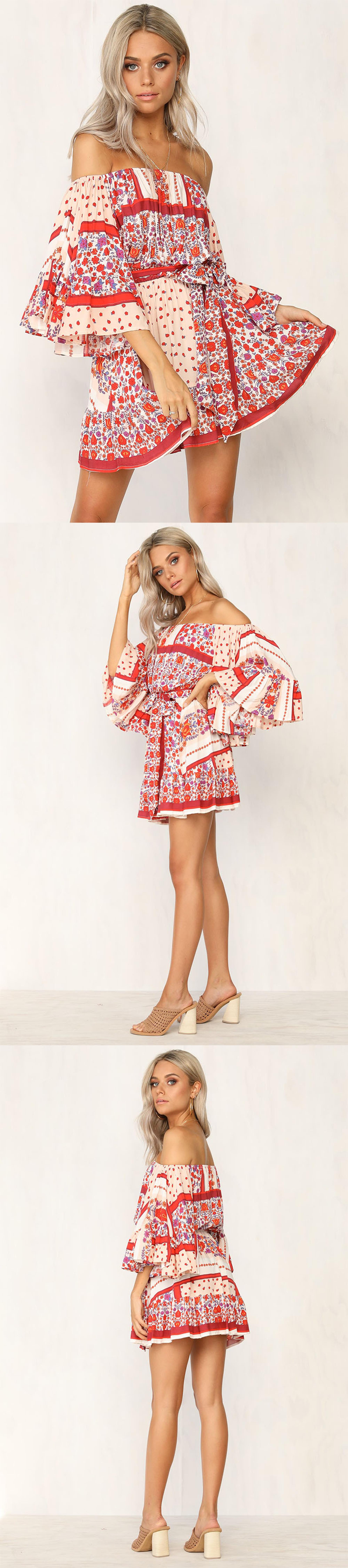 Summer Dresses Women Boho Printed Off Shoulder Mini Dress