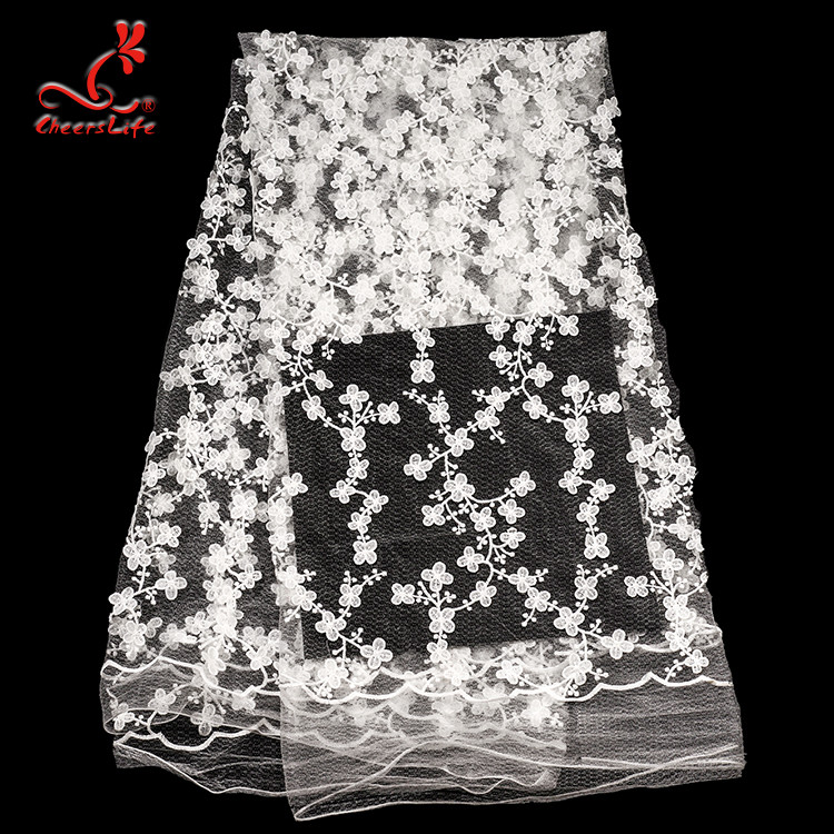 100% Polyester Embroidered Lace Fabric Bussy Floral Lace For Wedding Dress With Swiss Net