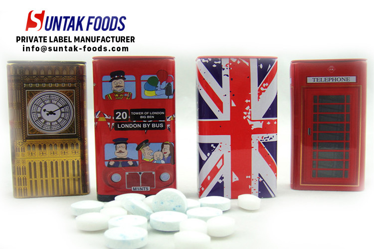 British Style Travel Sugar Free Mint Candy , Tin Box Triangle Shaped Candy