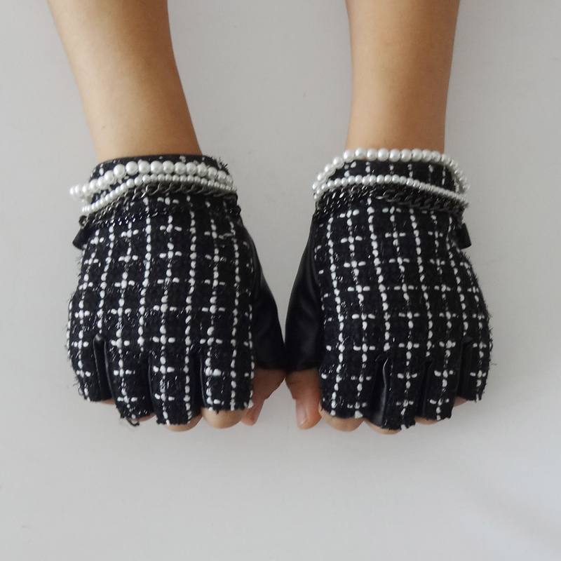 Fashion Women Black Leather Half Finger Gloves