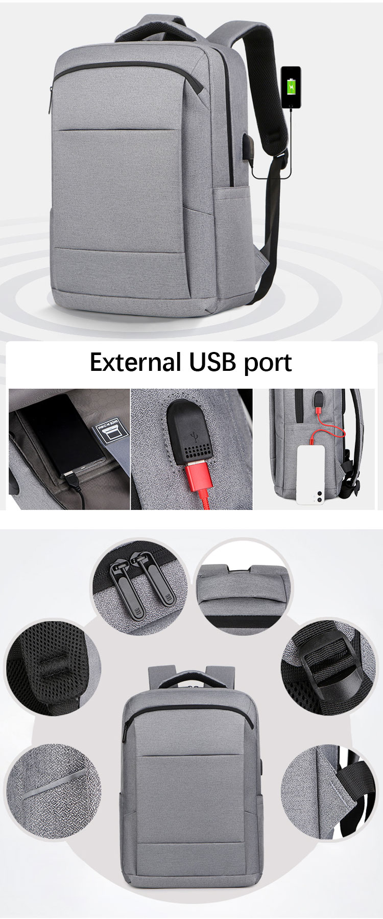 OEM USB Charging Laptop Backpack Business Notebook Bag With Zipper Closure