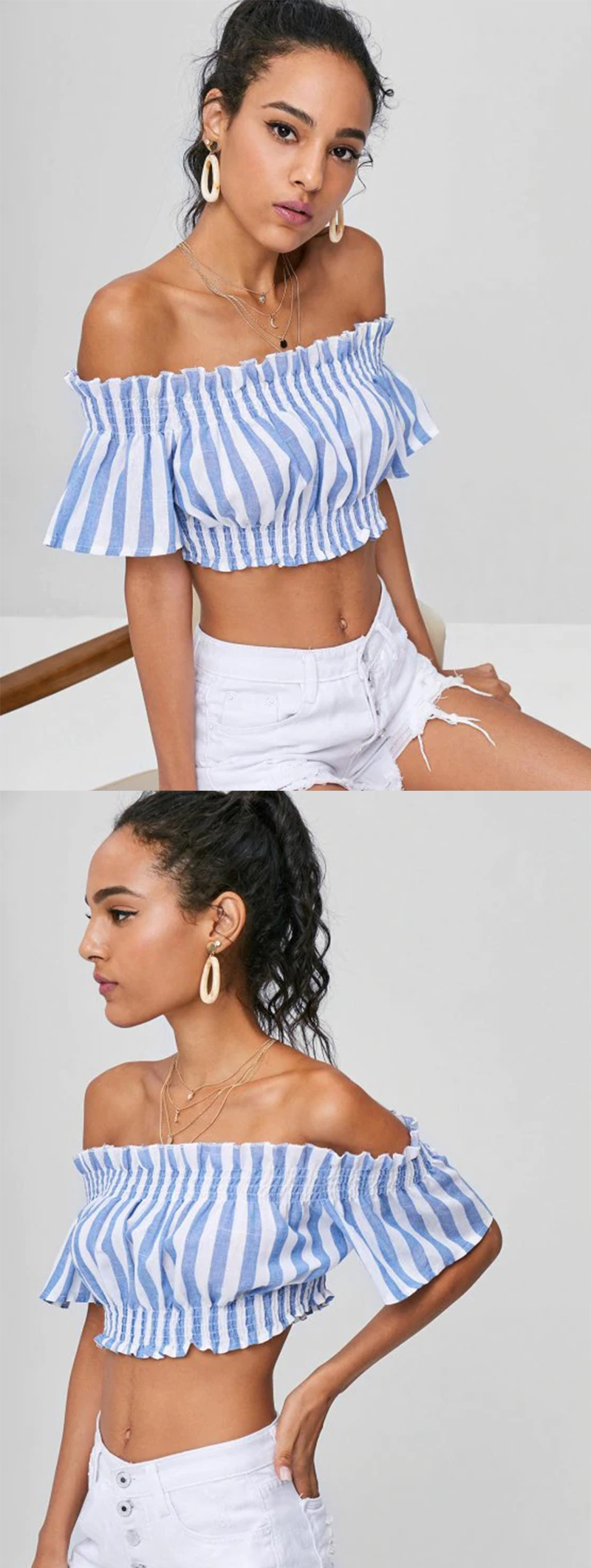 Apparel Womens Striped Off Shoulder Cropped Top