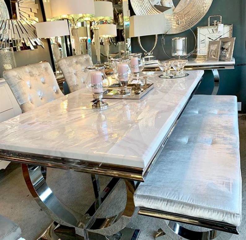 Silver Gold Stainless Steel Leg Dining Table Set 6 Seater With Marble Top