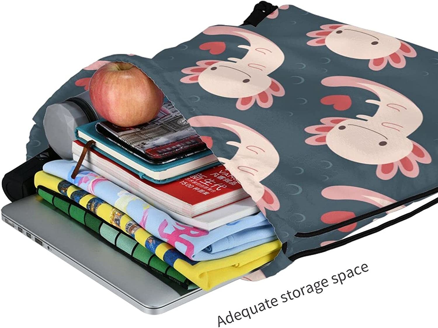 Drawstring Backpack with Axolotls, Hearts and Bubbles - Adorable and Practical - Suitable for Women and Girls