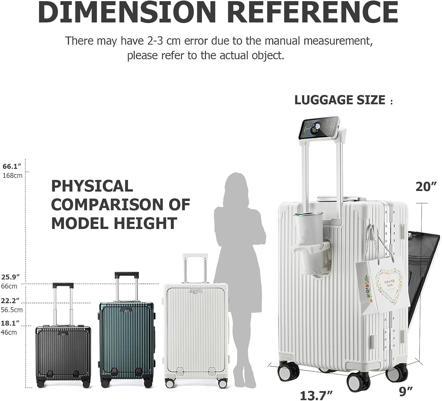 20in Aluminium Frame Hardside Spinner Wheel Luggage, Built-In TSA lock Carry on Suitcase, with Cup Holder & USB Port