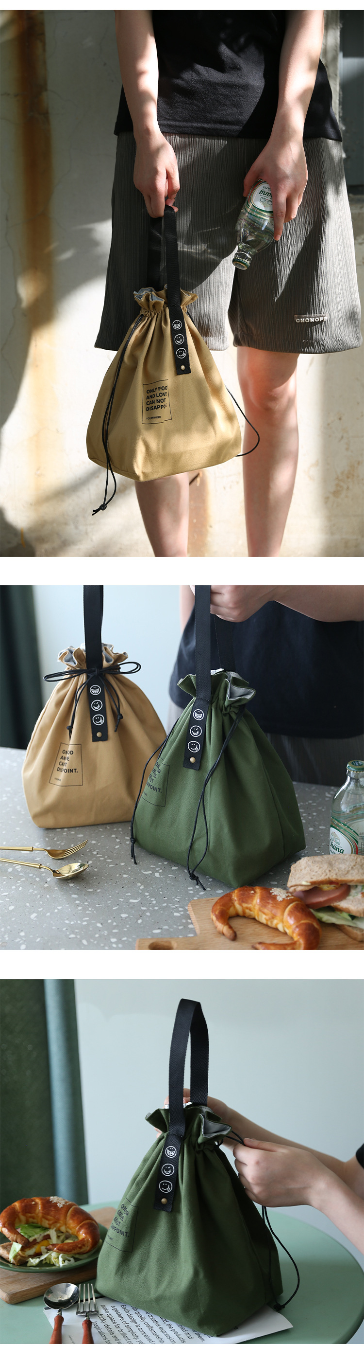 Customized Insulated Bento Bag Wide Opening Canvas Drawstring Lunch Bag
