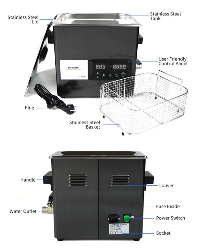 Black Industrial Ultrasonic Cleaner 9L 200 Watt Digital Touch Panel With Drain Valve