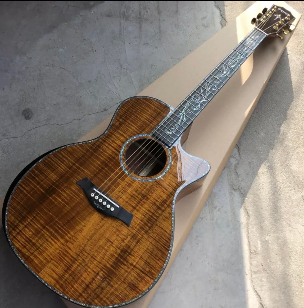 Custom All KOA Wood 40 Inch PS14 Type Cutaway Acoustic Guitar Abalone Tree of Life Ebony with Customized Logo on Headsto