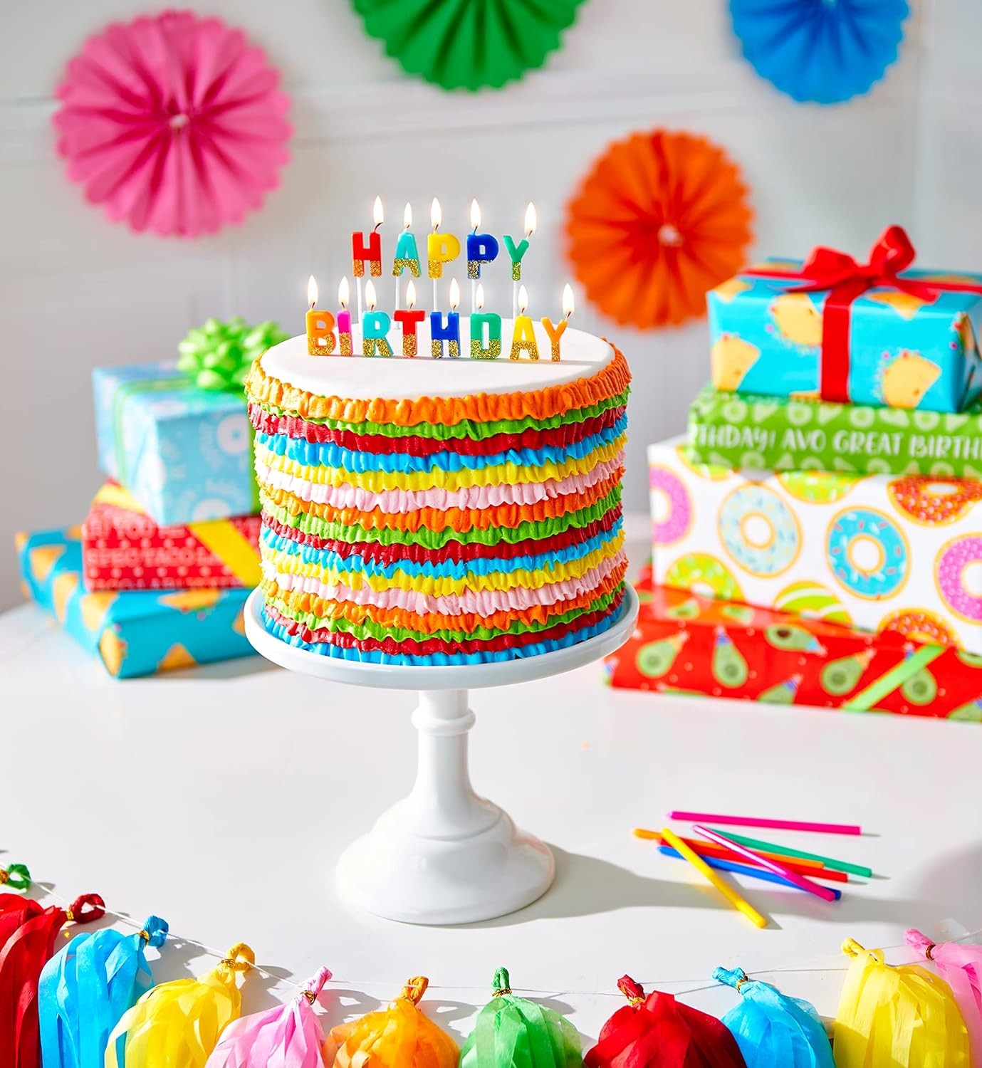 Greetings Birthday Candles, Multicolored Long Thin & Happy Birthday Text On Toothpicks (25-Count)