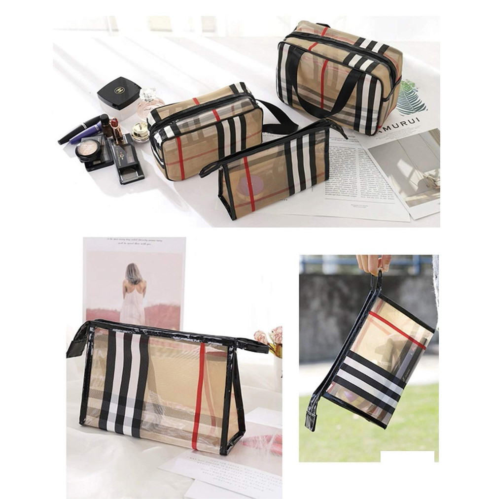 Travel Khaki PVC Stripe Mesh Makeup Bag For Women
