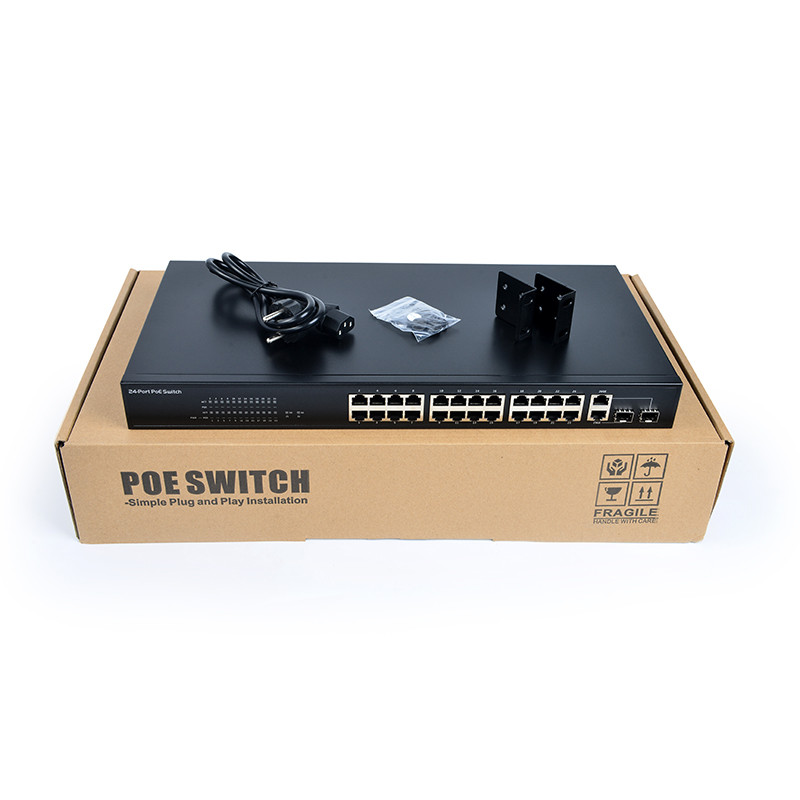 28-port 100M switch IEEE 802.3af/a standard 370W power backplane bandwidth 8.8 Gbps uplink port POE switch