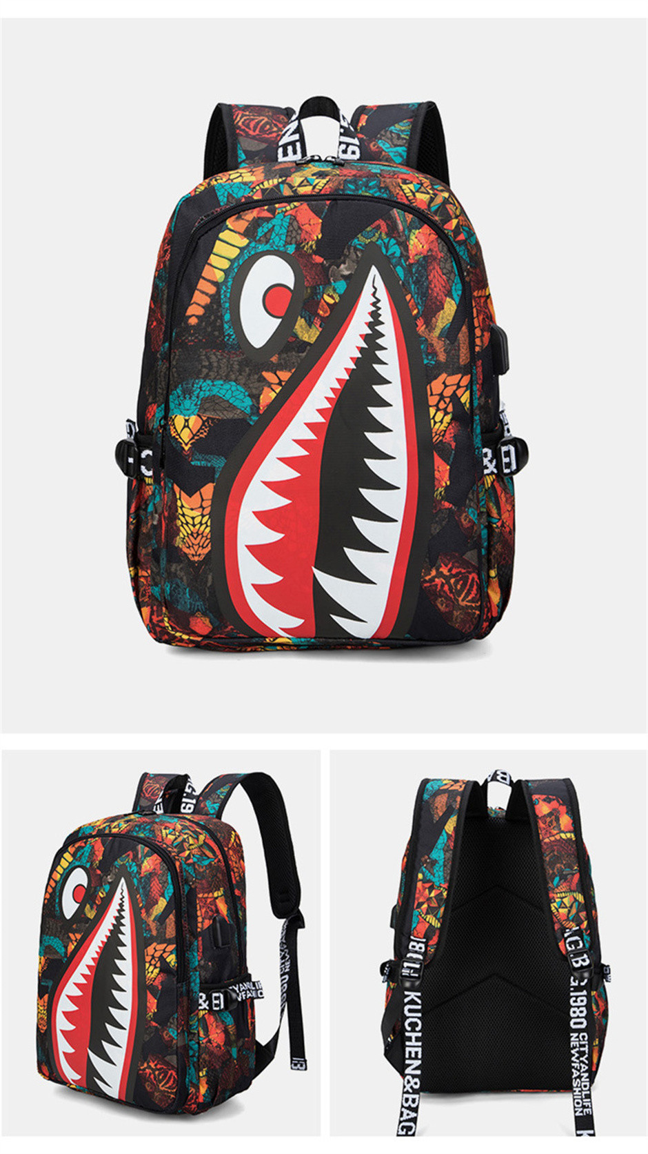3D Printed School Students Children's Fashion Schoolbag Shark Personality Pattern Printing Light Leisure Simple Backpack