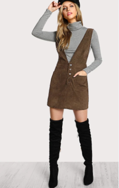 Autumn Design Crisscross Buttoned Plunge Pinafore Corduroy Dress