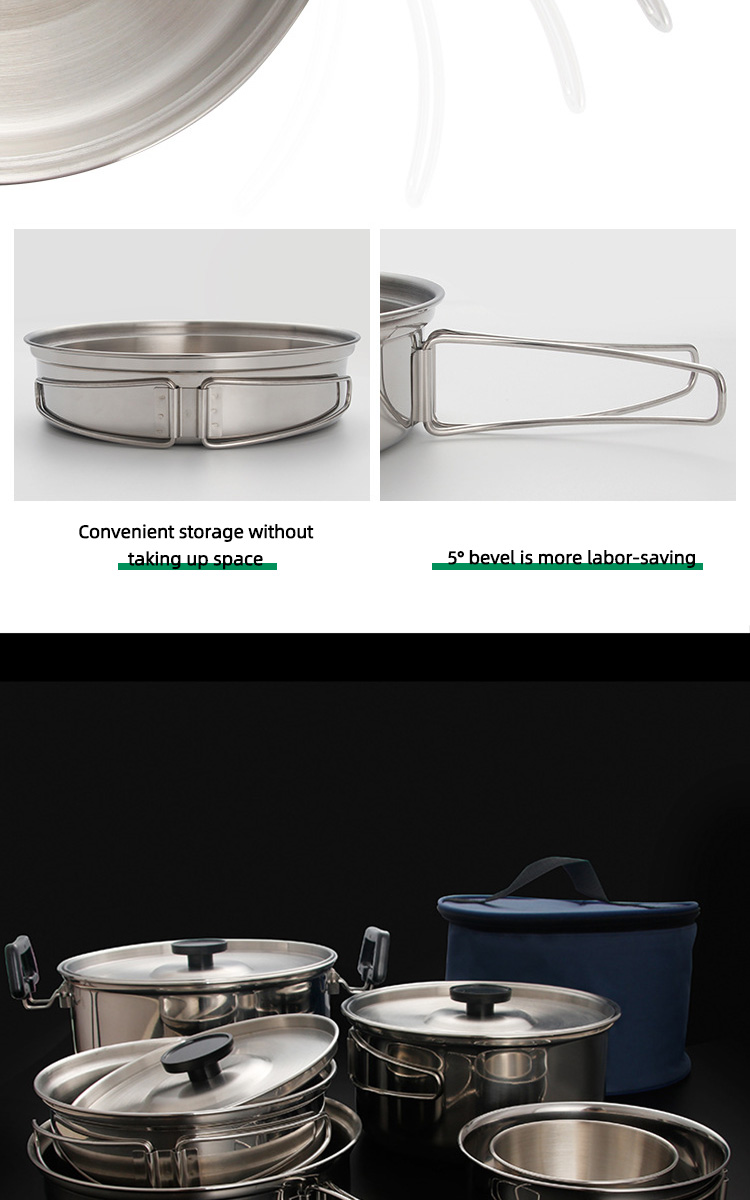 High Quality 304 Stainless Steel Outdoor Cooking Pot Set Camping Cookware Set With Storage Bag
