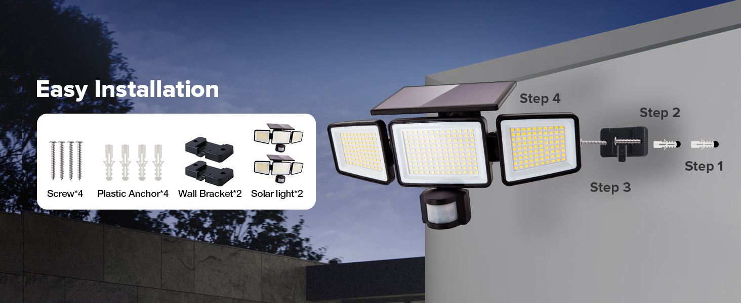 3000 Lumen Solar Wall Light 3 Head Body Motion Sensor Light 8W