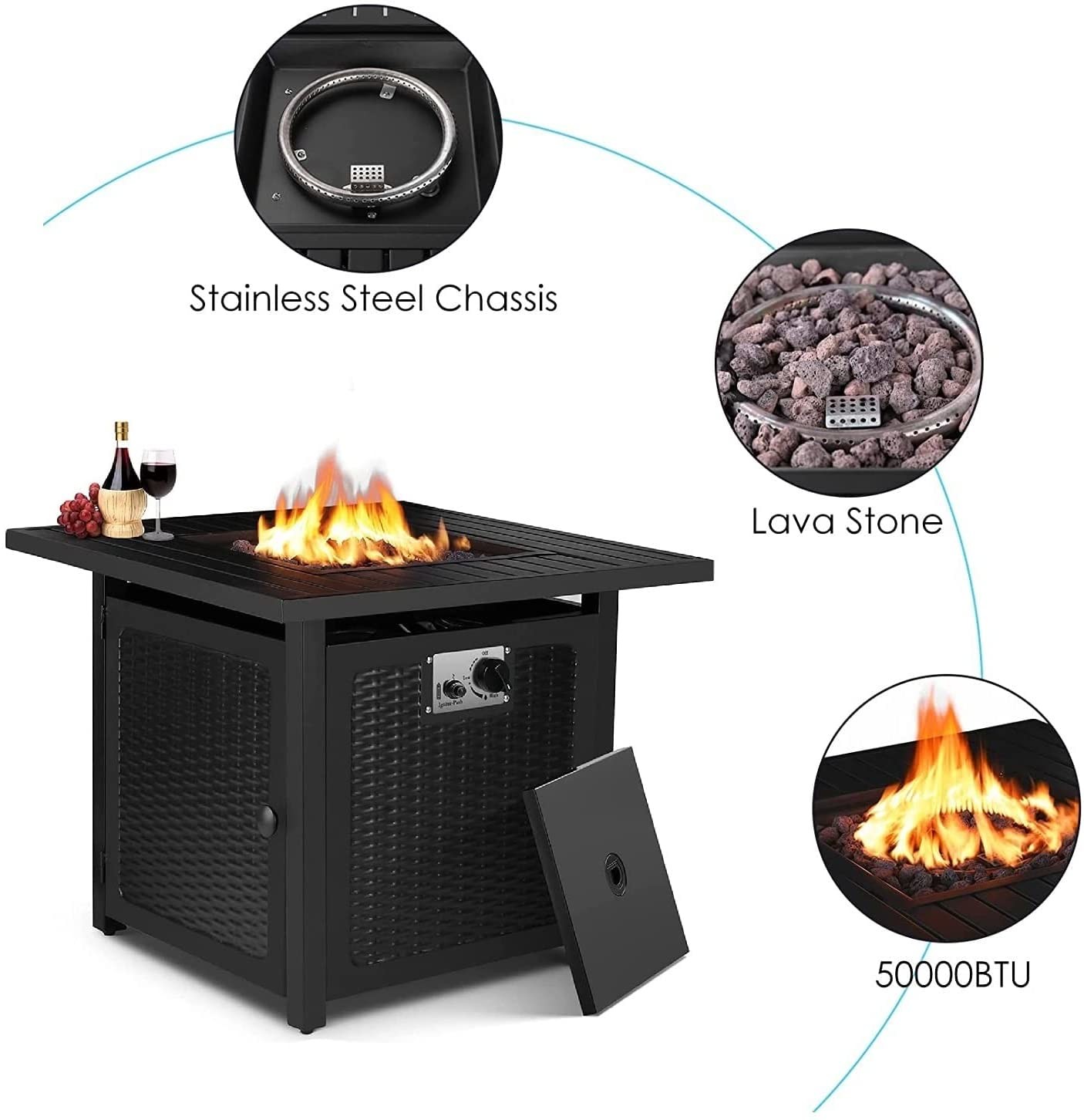 Rattan Style Outdoor Gas Firepit 28'' Square Patio Propane Gas Black