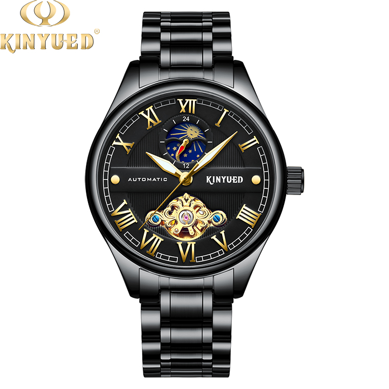 Brand KINYUED automatic skeleton watch gold dial moon phase tourbillon mens automatic watch