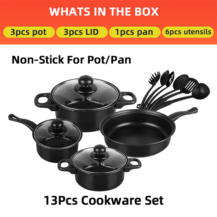 Mordern Style 13 Piece Black Cast Iron Pan Set Non Stick Coating