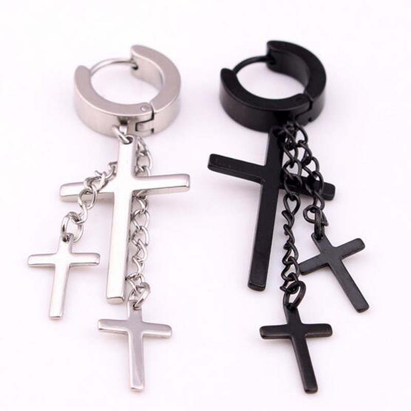 Punk Stainless Steel Stud Earring Men Cross Earring Fashion Tassels Crosses Body Piercing Jewelry Black