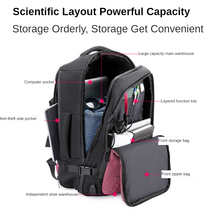 ISO9001 Unisex 32 Litre USB Travel Backpack With Shoe Compartment