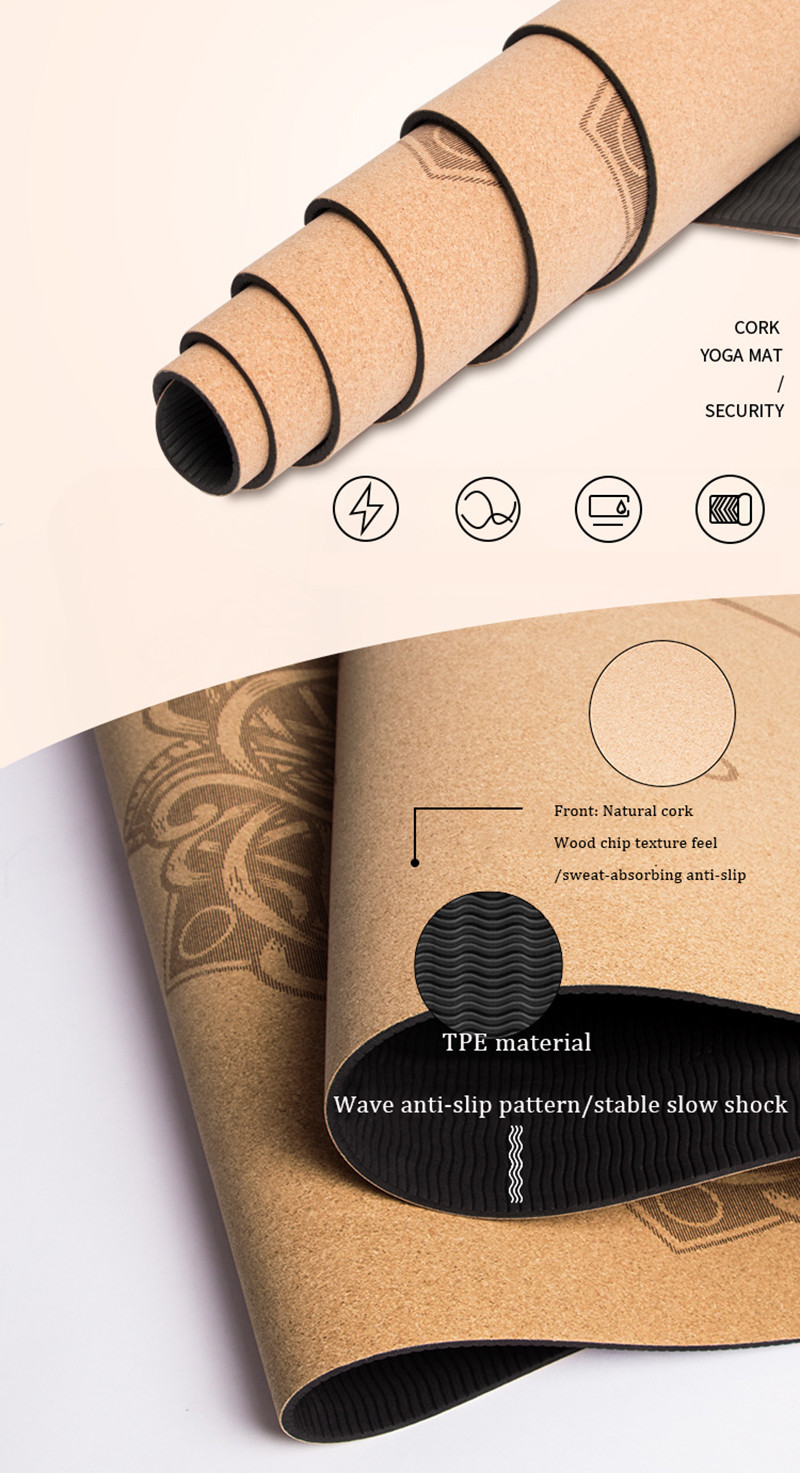 Natural Cork TPE Printed 4mm Non Slip Home Fitness Pad Gymnastics Pilates Yoga Mat With Bag