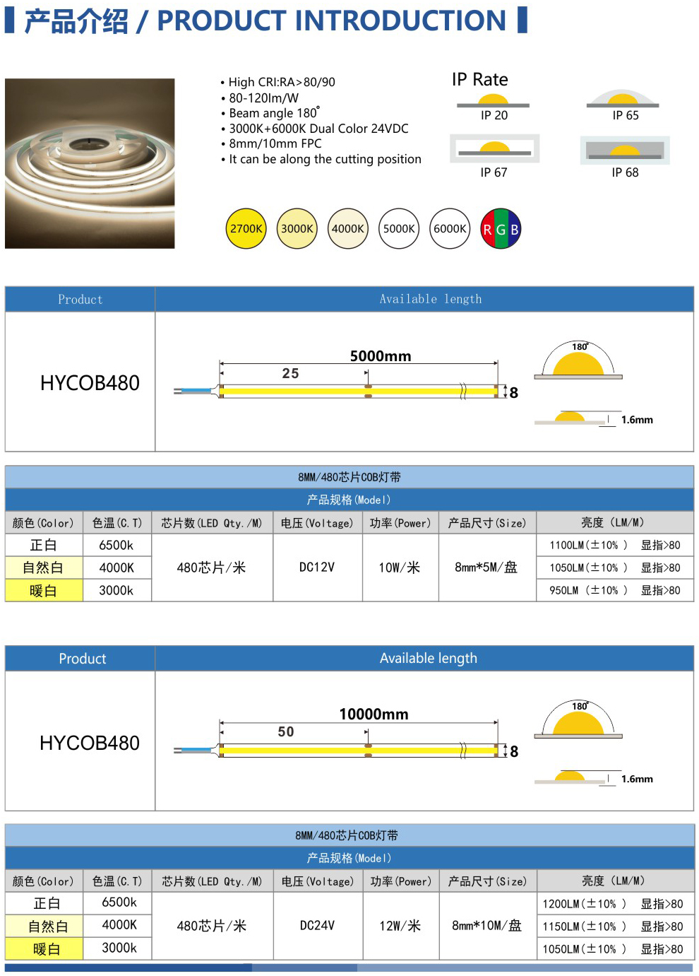 12V 24V LED COB Strip Light Single Colour Flexible 3000K 4000K 6500K