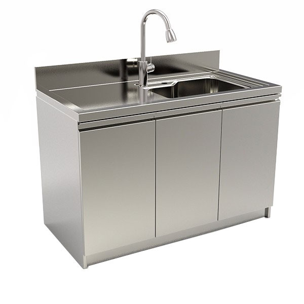 stainless steel kitchen cabinet. one sink, three doors.