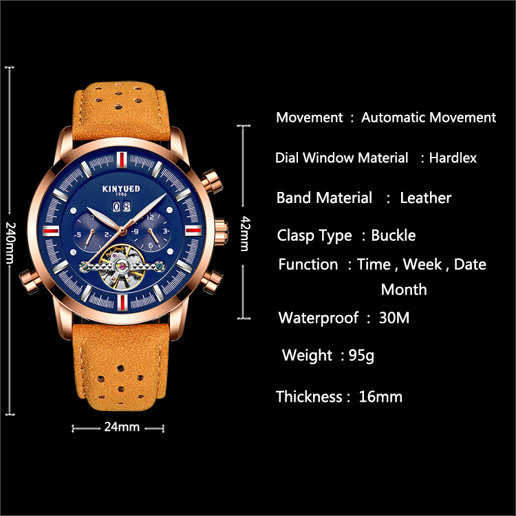 Blue Dial Automatic Mechanical Watch Soft Brown Genuine Leather