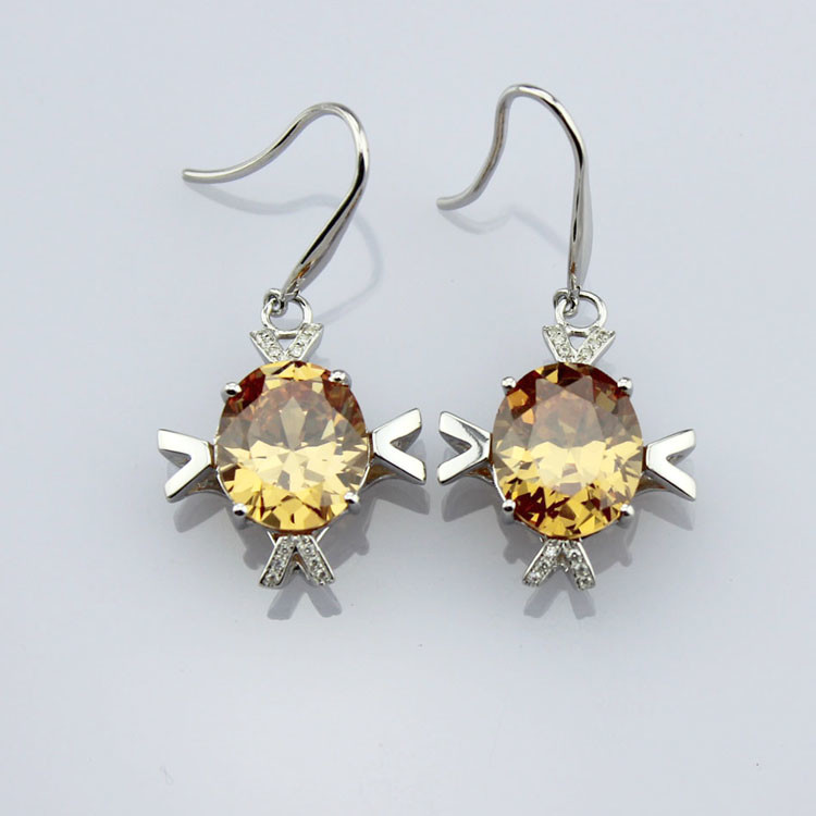 Women Jewelry Sterling 925 Silver Citrine Cubic Zirconia Dangle Earrings (E07)