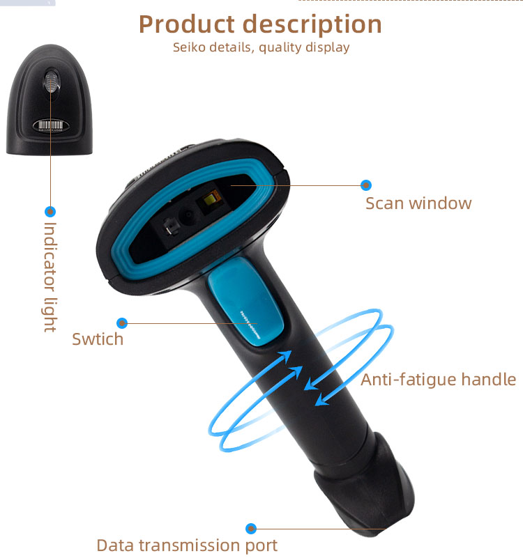 2000mA Battery Capacity Handheld QR Code Reader with Long Distance Wireless Scanning