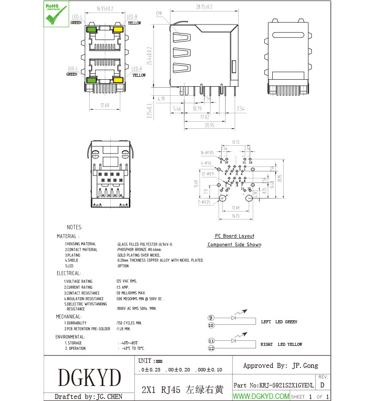 Dual Deck 2 Ports RJ45 Receptacle Connector Ethernet Modular Jacks With Y/G LED