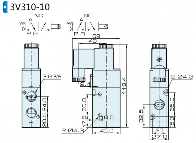3V310-10-NO Airtac Type Pneumatic Solenoid Valve 3 Way 2 Position 0