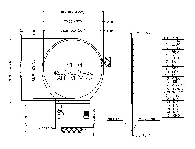 OEM 262K Color 480*480 RGB 3.3V Round Tft Screen