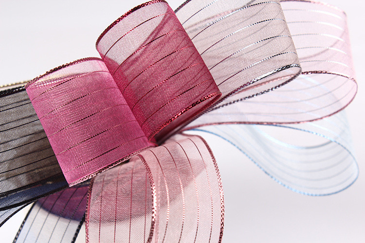 10mm-25mm Gold Line Striped Polyester Organza Ribbon for Gift Wrapping and Boxes Packing or Ribbon Bow