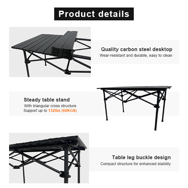 Outdoor Carbon Steel Small Aluminium Table Camping Black Compact Roll Up Aluminium Camping Table