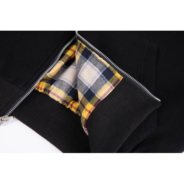 Men's Black Full-Zip Hoodie with Contrast Plaid Lining and Medium-Weight Fleece for Regular Fit