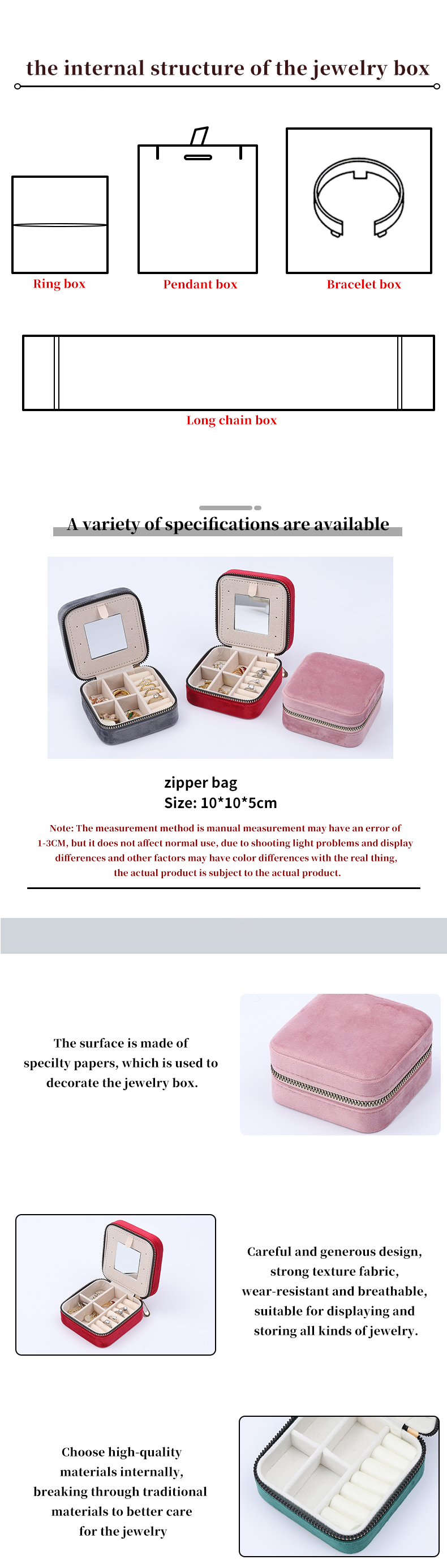 High End Sleek Jewelry Storage Box Soft Velvet Travel Jewelry Organizer With Mirror