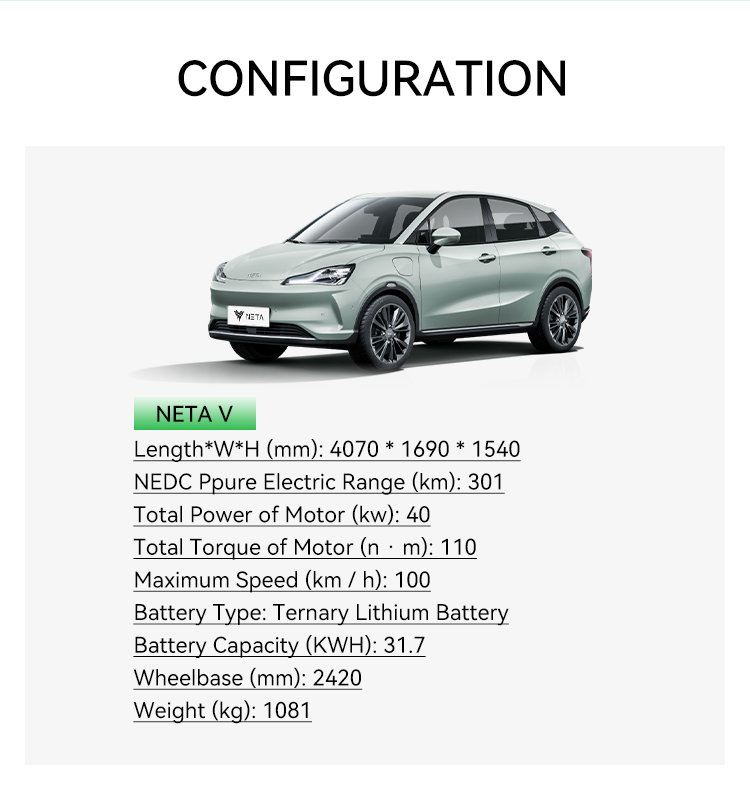 Luxury speed NETA V Left-hand Drive Electric Car / Electric SUV Car with 31.7KWH Battery Capacity and Weight of 1081kg