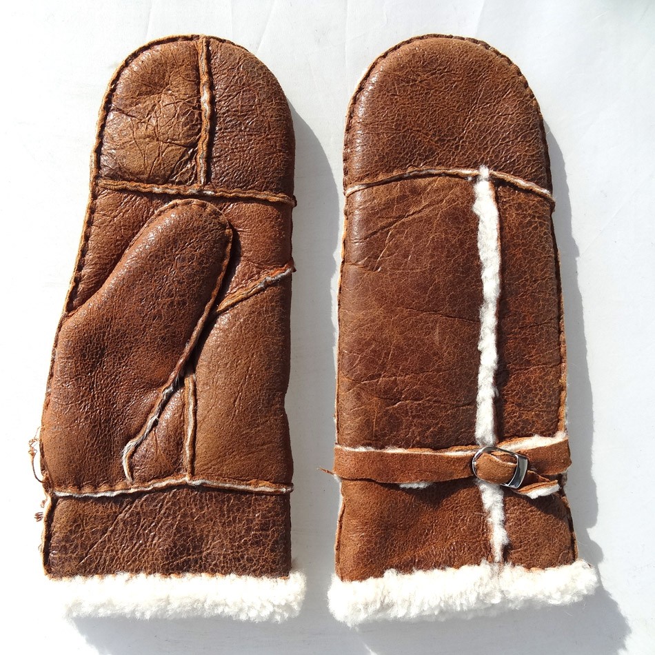 Bilberry Cheap Patched Sheepskin Lamb Fur Mittens with Belt for lady brown color