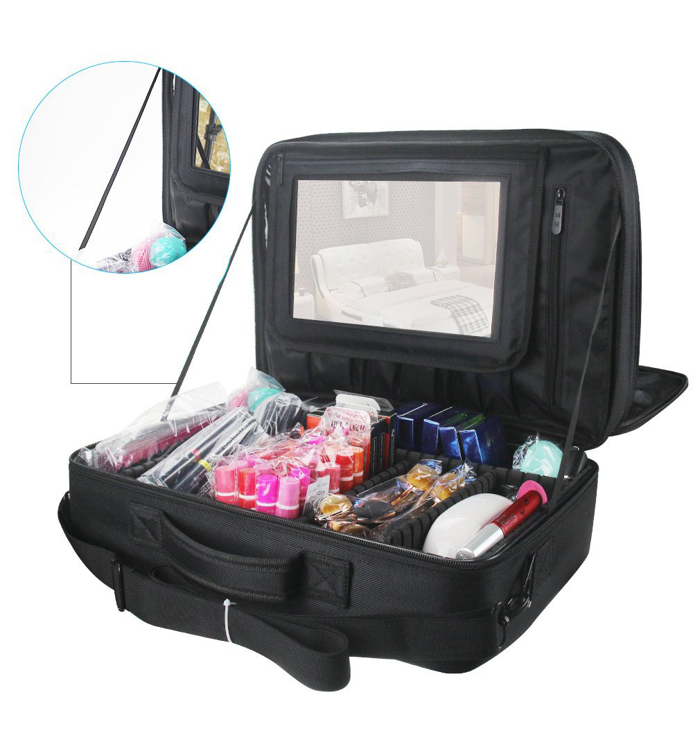 Adjustable Dividers Nylon Cosmetic Organizer Travel Case With Mirror