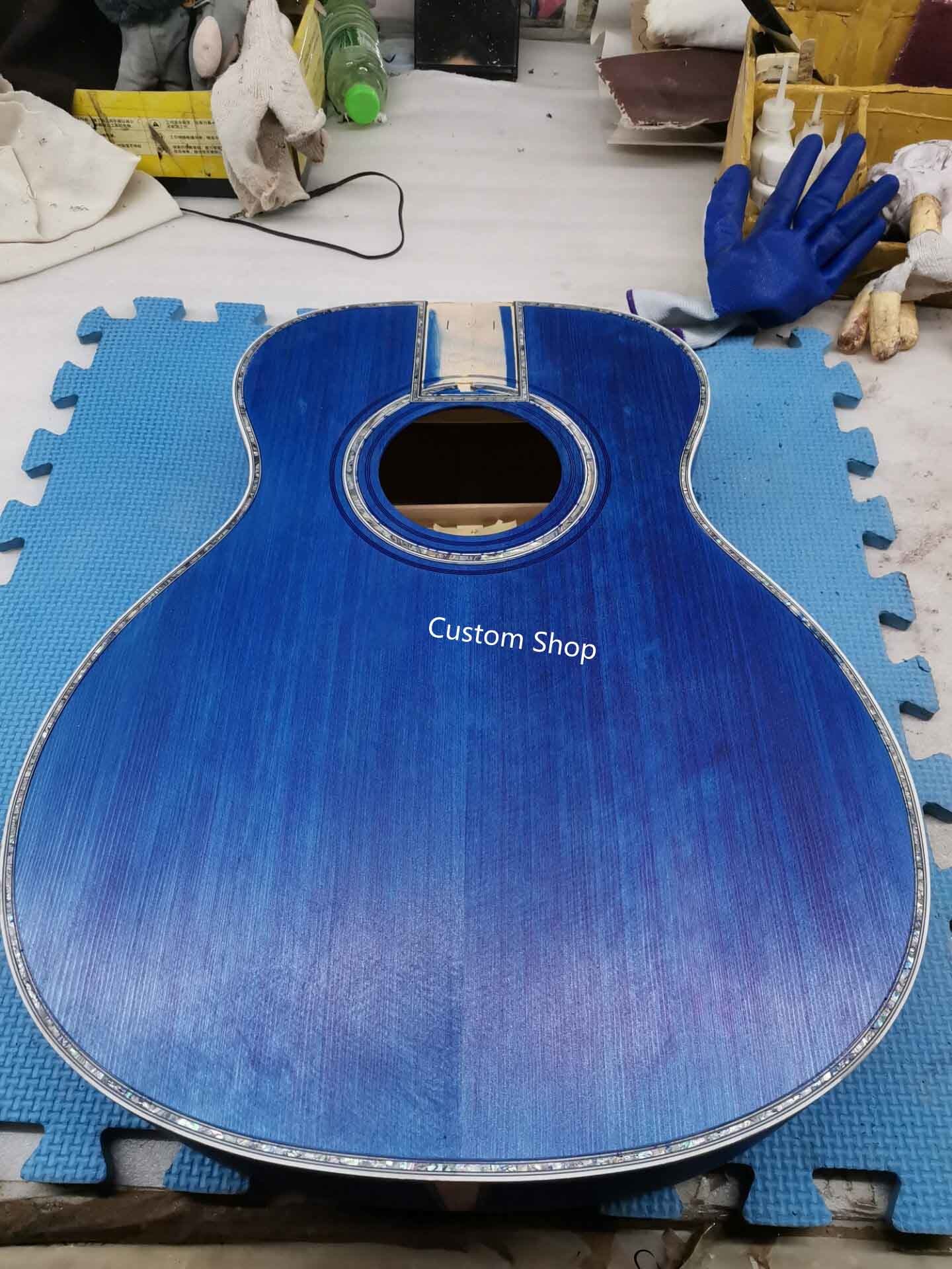 Custom 14 Frets Scalloped X Shaped Bracing OM Water Wave Top Full Abalone OM45 Blue Quilted Figured Maple Acoust