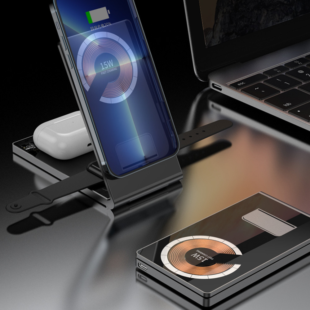 Magnetic Foldable Wireless Charger Stand 4In1 15w With Tempered Glass Face