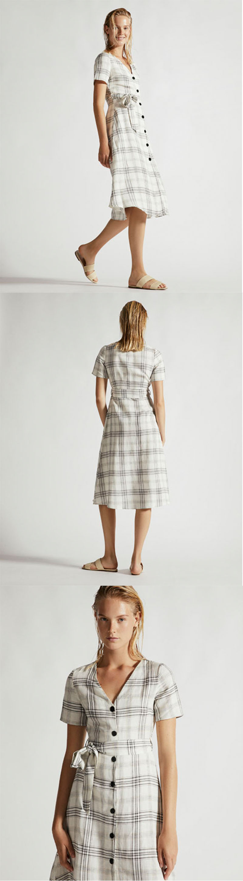 Summer Clothing Women V Neck Midi Checked Linen Dress